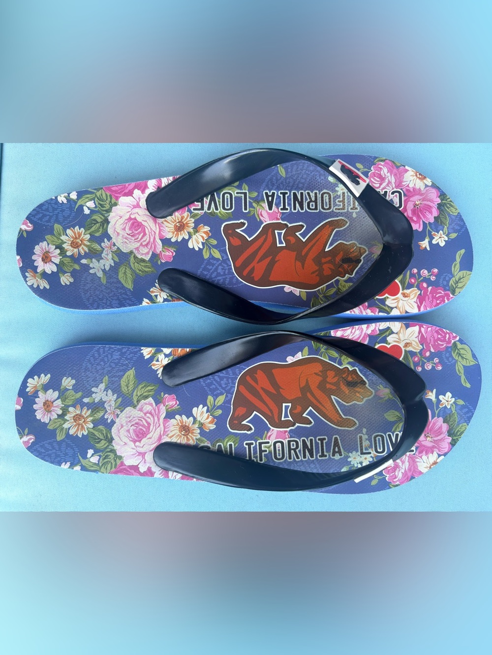 California Love Blue Bear Graphic Floral Flip Flop